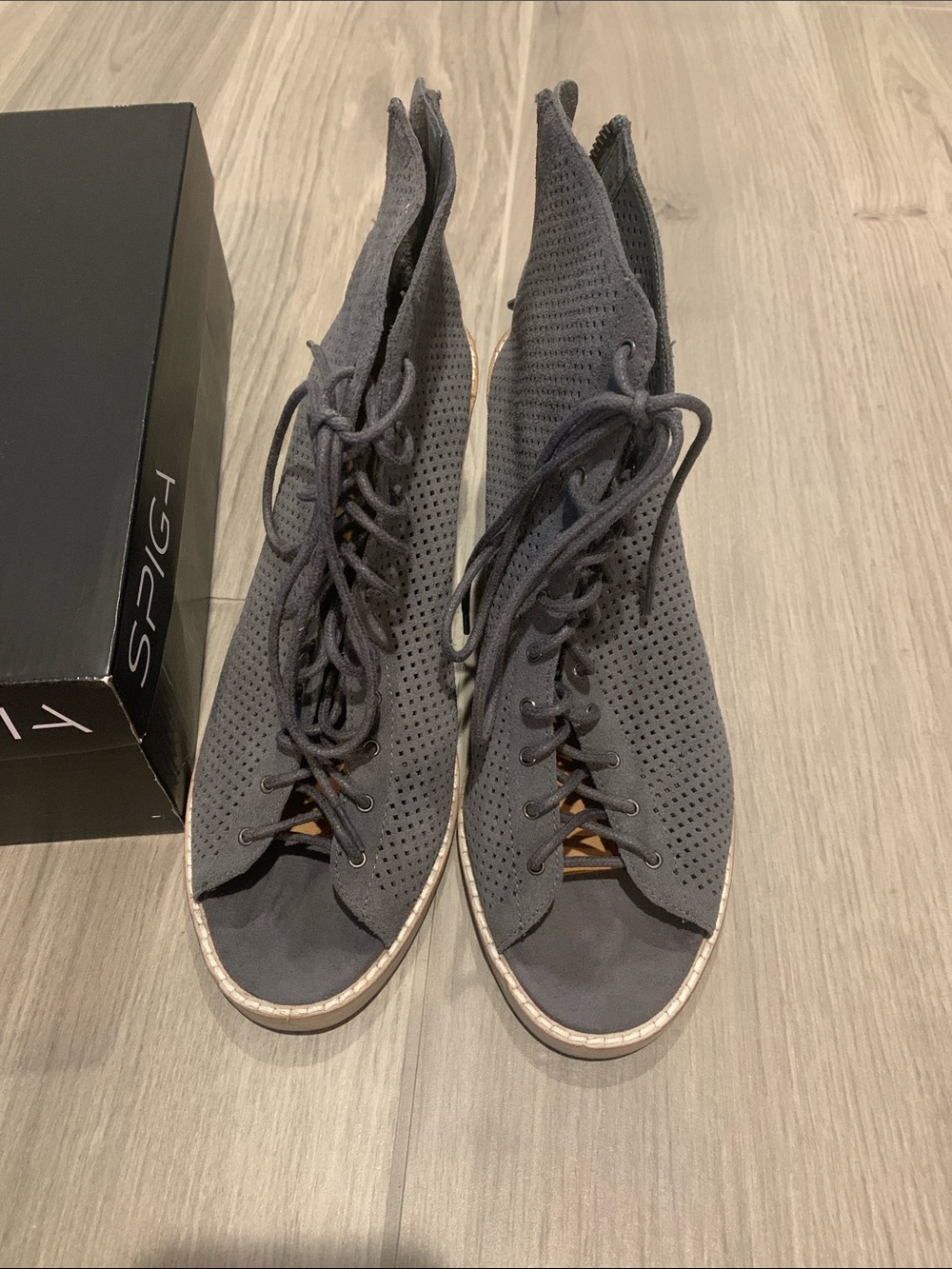 Via Spiga Gray Perforated Lace-Up Open-Toe Boots